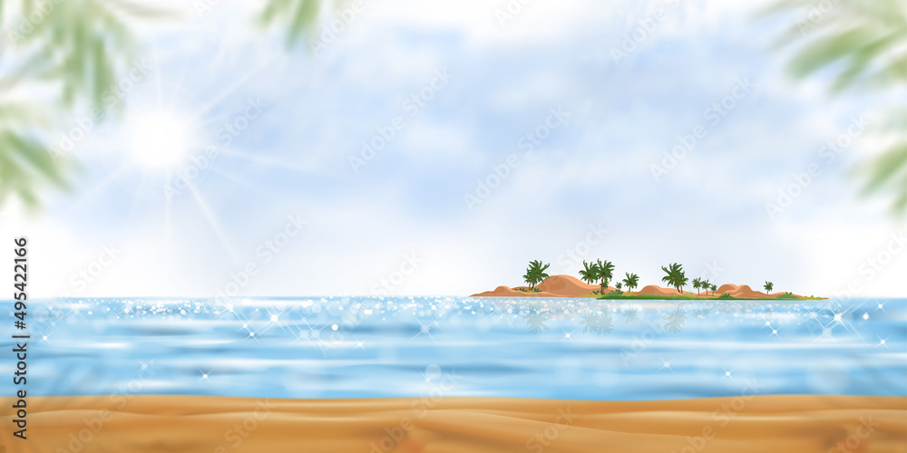 Obraz premium Tropical beach with fluffy cloud and blue sky in sunny day summer,Sea beach with blue ocean, coconut palm tree on island,Vector seaside with reflection bokeh sun light background for summer holiday