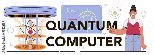 Quantum computer typographic header. Innovative calculations technology