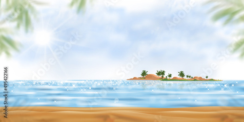 Tropical beach with fluffy cloud and blue sky in sunny day summer,Sea beach with blue ocean, coconut palm tree on island,Vector seaside with reflection bokeh sun light background for summer holiday