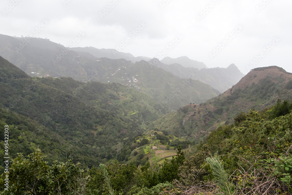 Anaga mountains, steep slopes covered with green and lush forest. A Rural Parkand Biosphere Reserve in Tenerife, Canary islands, Spain