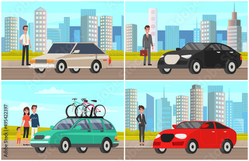 Women and man of different generations next to their personal transport. Stages of development of lady, adolescence, maturity, old age. Elderly, adult and young people standing near automobiles, cars