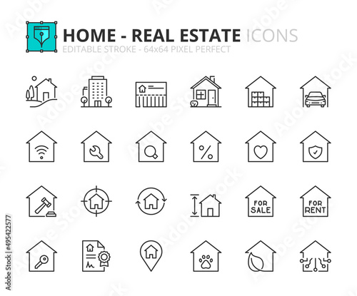 Simple set of outline icons about homes and real estate.