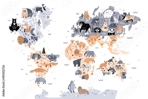 Cute animals of world. Map in scandinavian style. Handmade poster for print. Vector illustration.