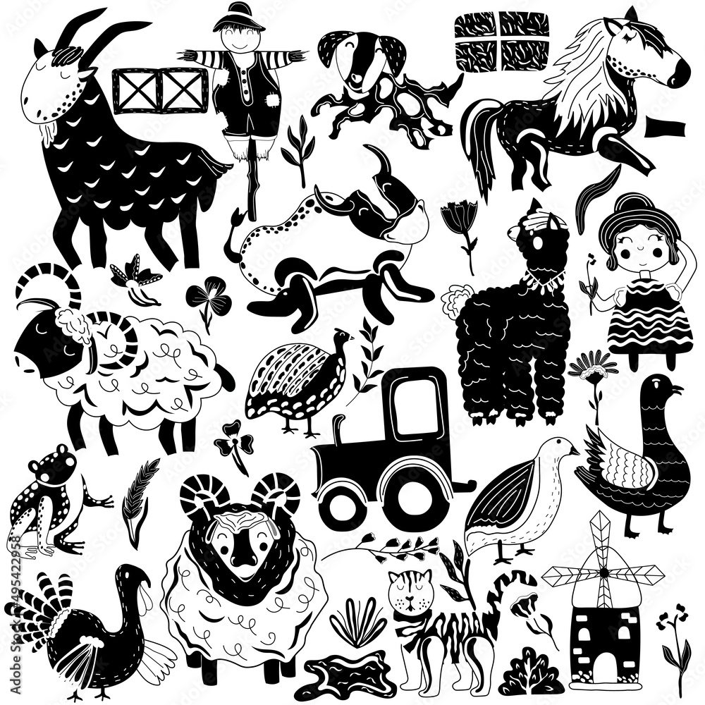 Big set of farm with animals. Pets, cat, dog, pony, bull, goat, duck ...