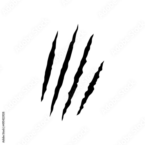 Black bloody claws animal scratch scrape track. Cat, tiger, bear, lion scratches paw shape. Four nails trace. Funny design element. Vector illustration isolated on white background