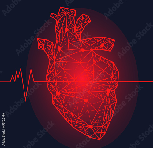 Anatomical human heart with painful area. Innovative technology in medicine, disease diagnostics concept. Organ of human cardiovascular system. Modern depiction of poligonal heart vector illustration