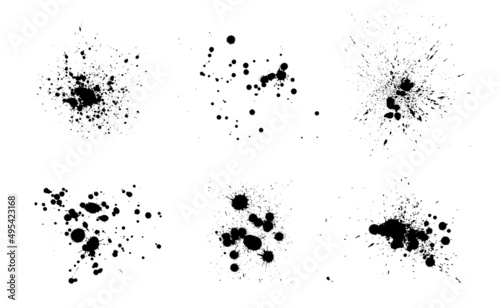 Black ink splatter isolated on white background. Vector watercolor paint brush texture. Ink splash and stain set. Grunge spray drop spatter, dirty blot splatters and splat. Abstract splash blobs