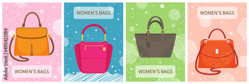 Set of women bag vector poster on multicolored backgrounds. Ladies handbag in flat style. Elegant ladies leather bag, female accessories object, fashion trendy case with handle, advertising template