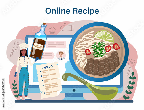Pho bo online service or platform. Vietnamese soup in a bowl. Traditional spicy
