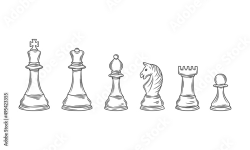 Hand-drawn sketch set of Chess pieces on a white background. Chess. Check mate. King, Queen, Bishop, Knight, Rook, Pawn. Vector icons.