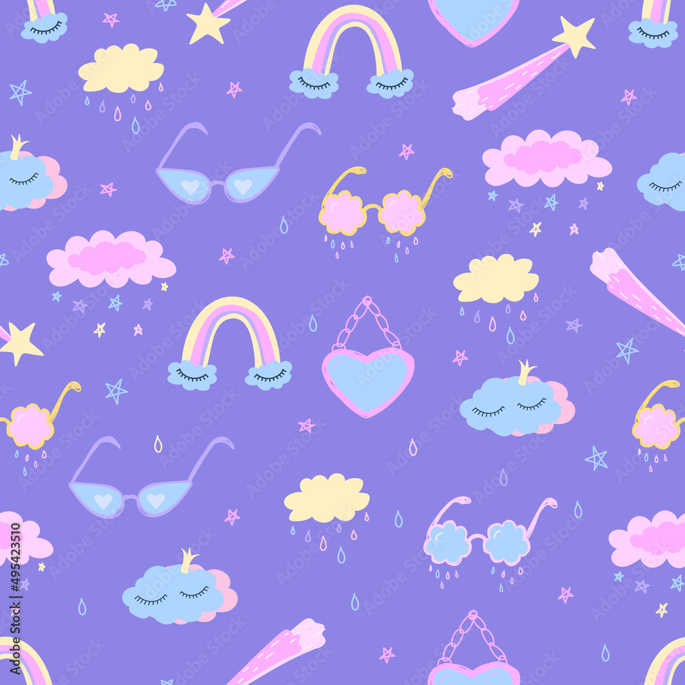 Seamless pattern with clouds in kawaii style.