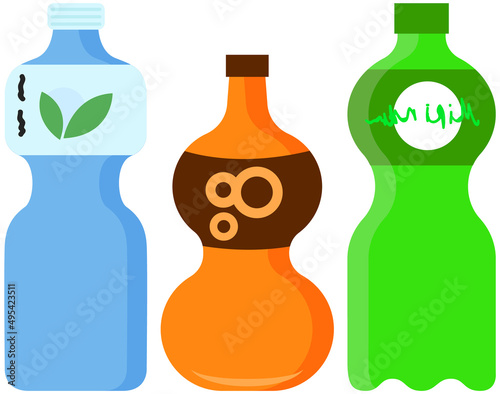 Aerated sweet drink, sparkling fruit-flavored beverage. Set of plastic bottles with lemonades, fizzy drinks. Sweet soft drink, carbonated liquid. Soda vector illustration