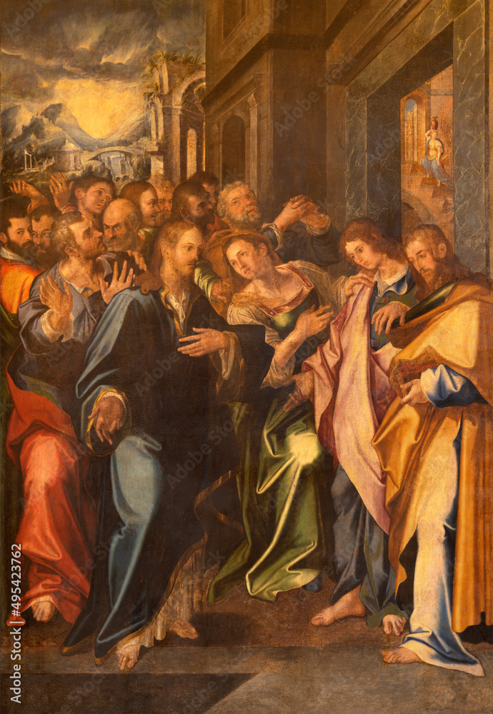 MONOPOLI, ITALY - MARCH 5, 2022: The renaissance painting of Jesus and sons of Zebedee in church Basilica di Maria Santissima della Madia by Giovanni Bernardo Lama and Silvestro Buono from 16. cent.
