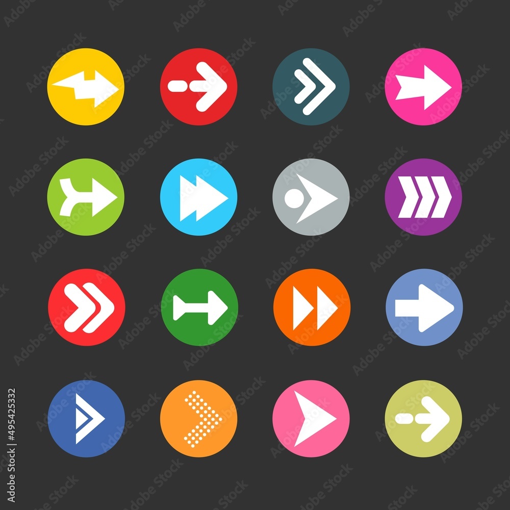 Arrow sign icon set. Simple circle shape internet button on gray background. Arrow sign icon set. Simple circle shape internet button on gray background.