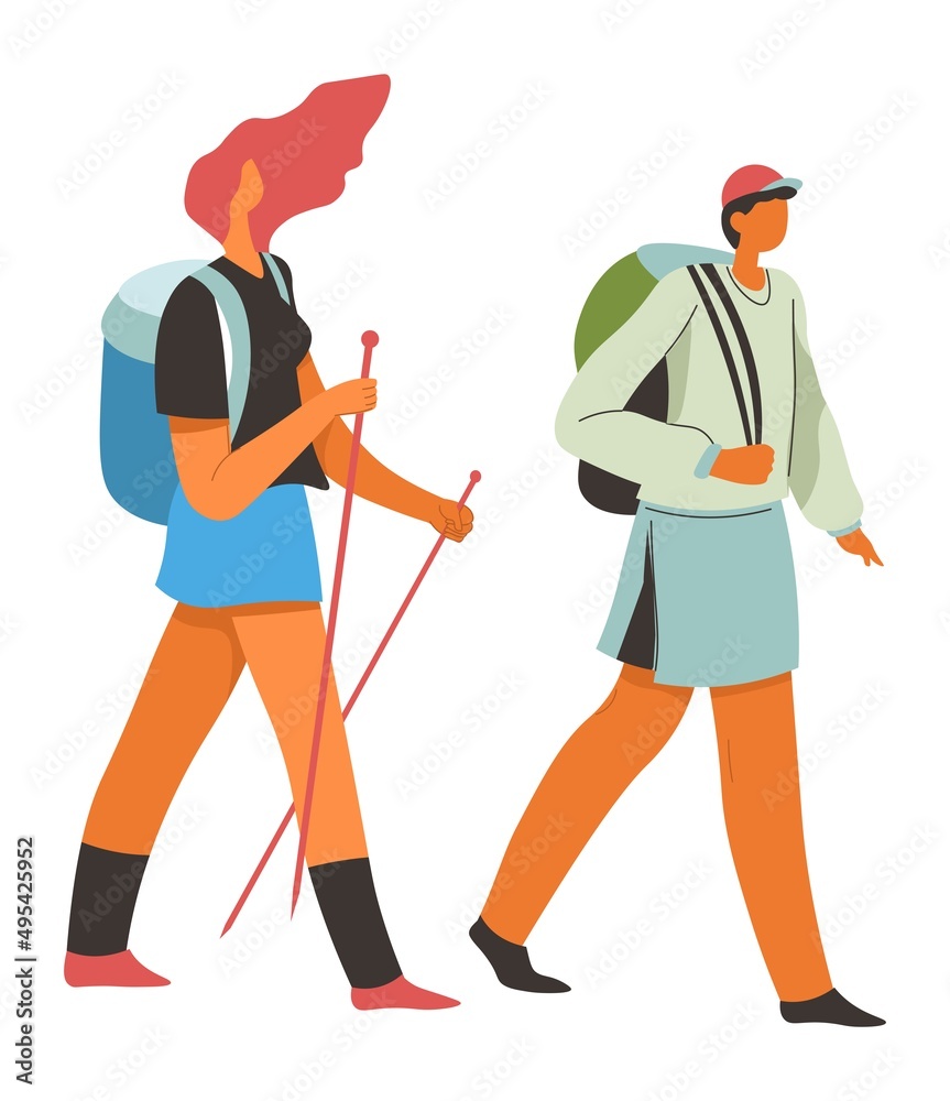 People trekking, hiking man and woman traveling