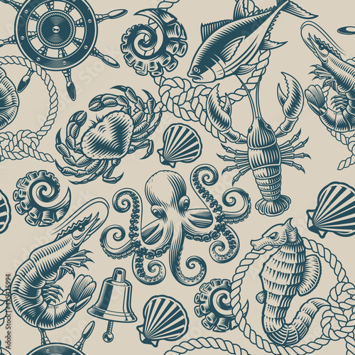 Vintage monochrome nautical background with seafood