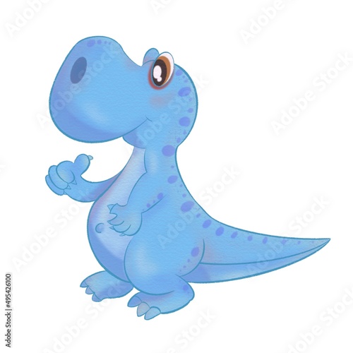 Painted of A baby dinosaur, blue color, smile, cartoon.