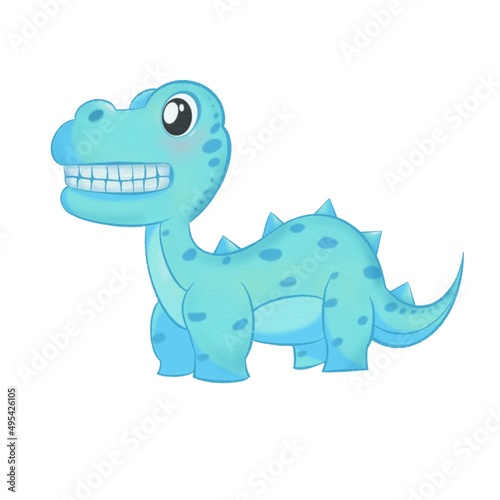 Painted of A baby dinosaur, bright blue, smile, cartoon.