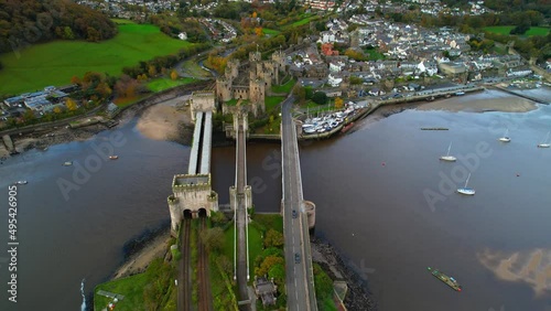 Conwy Castle Fortress in North Wales, UK - Aerial photo