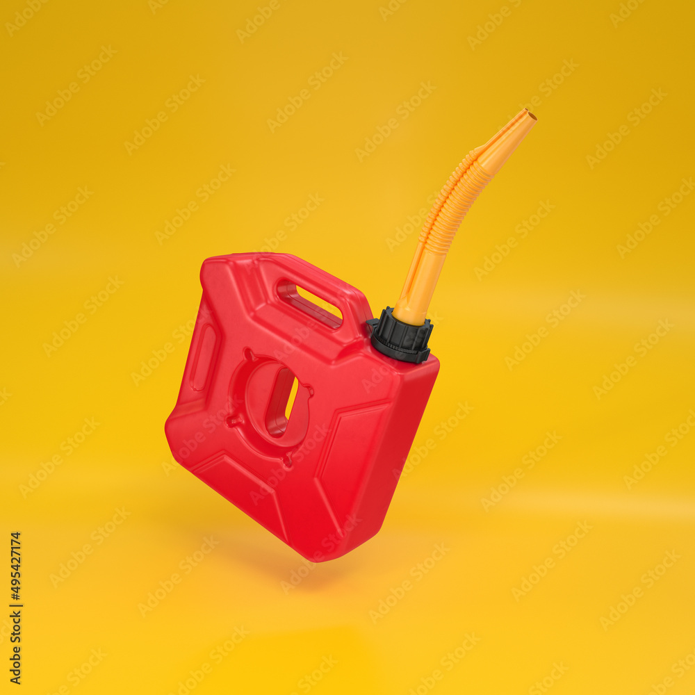 Fuel canister, red floating on a yellow background, 3d render Fuel canister, red floating on a yellow background, 3d render