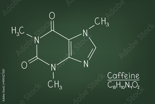Vector image of the caffeine formula on a green blackboard. The icon is a purine alkaloid.