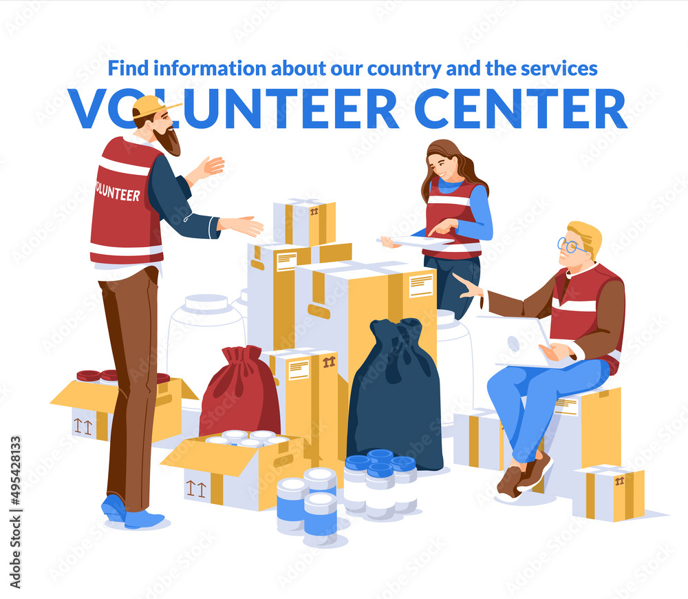 Donation boxes. Big storage. Food help, volunteers shelter services. Volunteers big hub and coordination center for humanitarian help. Flat vector concept illustration
