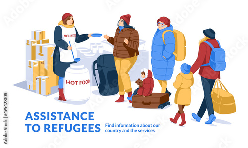 Volunteer giving food, helping refugees hungry women and kids. Flat vector illustration isolated on white background