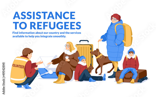 Refugees shelter. War and crisis homeless women and kids. Volunteer give assistance. Flat vector illustration.