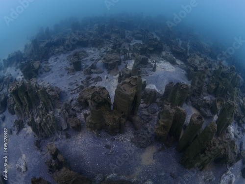 microbialites underwater lake looks like city with towers scuba divers to see © underocean