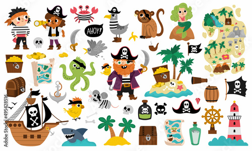 Fototapeta Naklejka Na Ścianę i Meble -  Vector pirate set. Cute sea adventures icons collection. Treasure island illustrations with ship, captain, sailors, chest, map, parrot, monkey, map. Funny pirate party elements for kids..