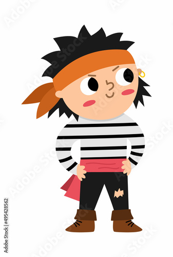 Vector pirate boy icon. Cute sea captain illustration. Treasure island hunter in stripy shirt. Funny pirate party element for kids isolated on white background..