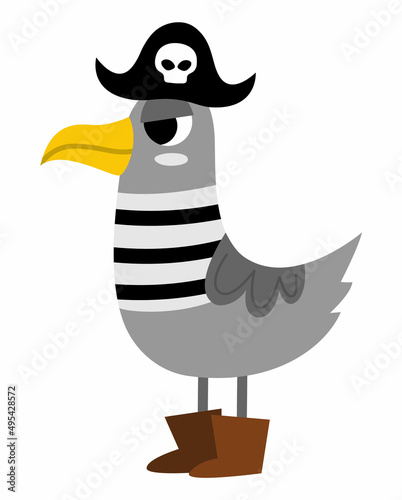 Vector pirate seagull icon. Cute sea bird illustration. Treasure island hunter in stripy shirt and black cocked hat. Funny pirate party element for kids. Sea gull picture.