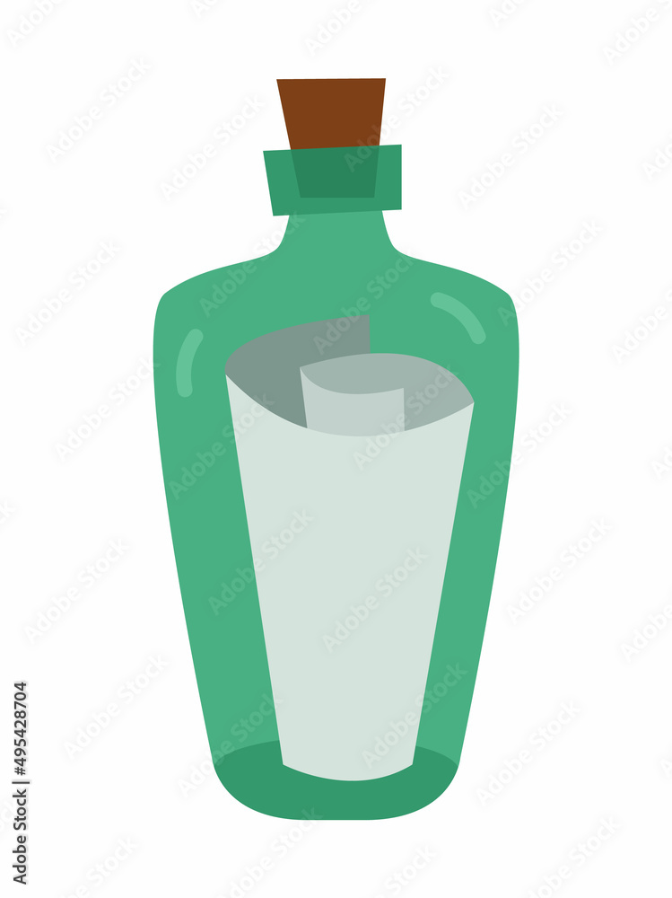 Vector bottle with paper icon. Secret pirate letter in glass container illustration. Marine treasure hunt picture isolated on white background. Vector bottle with paper icon. Secret pirate letter in glass container illustration. Marine treasure hunt picture isolated on white background.