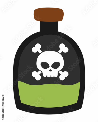 Vector pirate bottle icon. Black glass container illustration. Green poison potion with skull and bones. Marine treasure hunt picture isolated on white background.