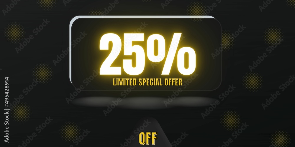 Fototapeta premium 25% off limited special offer. Banner with twenty five percent discount on a black background with white square and black