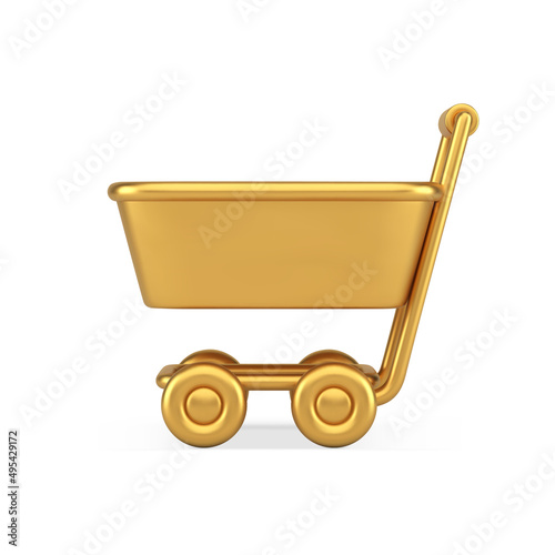 Golden metallic supermarket trolley internet shopping goods adding 3d icon realistic vector