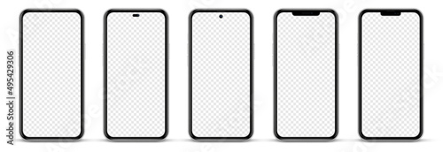 Realistic smartphone mockup isolated with transparent screens. Smart phone mockup collection. Device front view. 3D mobile phone with shadow on white background. Realistic, flat and line style