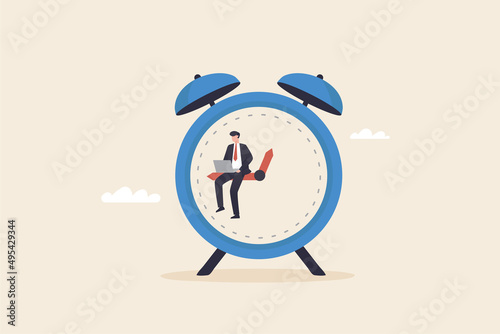 Time management at work, overtime, business people sitting on the clock hands trying to allocate time to work to achieve goals.
