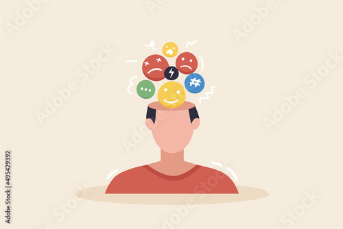 Mood disorder - bipolar emotion change metal problem, tiny person concept. Confusing inner feelings leading to stress, anxiety and life crisis. Suffering of positive and negative state contrasts.