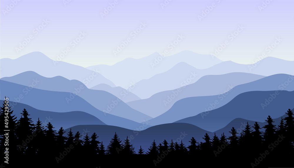 blue misty mountains with forest silhouettes and hills