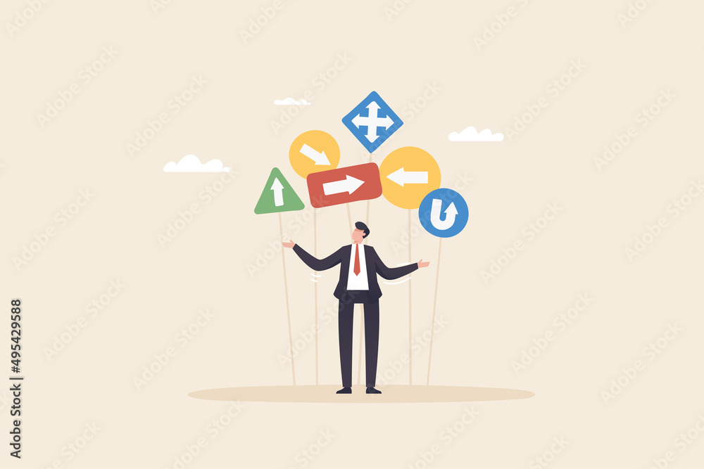 Choosing direction, Crossroads as business strategy choice and future options concept. Businessman and a signpost arrows. Choosing direction, Crossroads as business strategy choice and future options concept. Businessman and a signpost arrows.