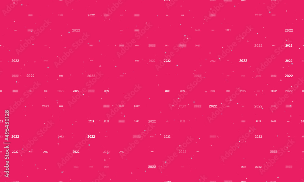 Seamless background pattern of evenly spaced white 2022 year symbols of different sizes and opacity. Vector illustration on pink background with stars