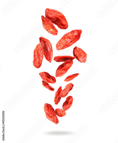 Bild auf Leinwand Delicious dried goji berries in the air isolated on a white background