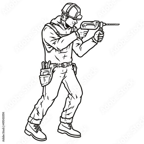 Monochrome illustration of man working with drill