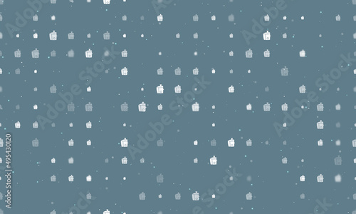 Seamless background pattern of evenly spaced white juicer symbols of different sizes and opacity. Vector illustration on blue gray background with stars