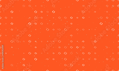 Seamless background pattern of evenly spaced white refresh symbols of different sizes and opacity. Vector illustration on deep orange background with stars