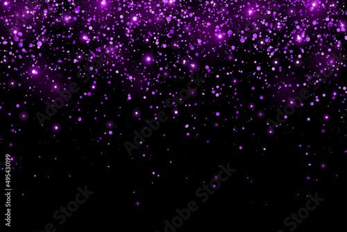 Purple holiday glitter confetti with glow lights on black background. Vector