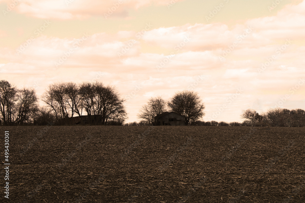 sepia photograph rural farmland black and white harvest field antique style scene