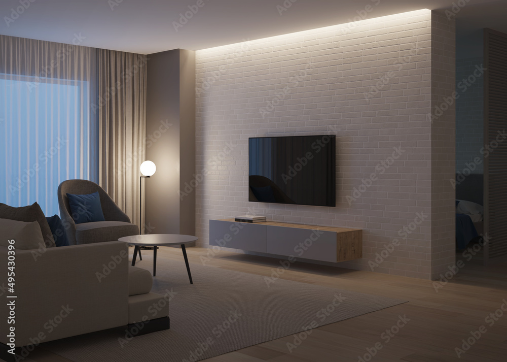 Modern house interior. Evening lighting. Night. 3D rendering. Modern house interior. Evening lighting. Night. 3D rendering.