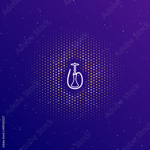 A large white contour hookah symbol in the center, surrounded by small dots. Dots of different colors in the shape of a ball. Vector illustration on dark blue gradient background with stars